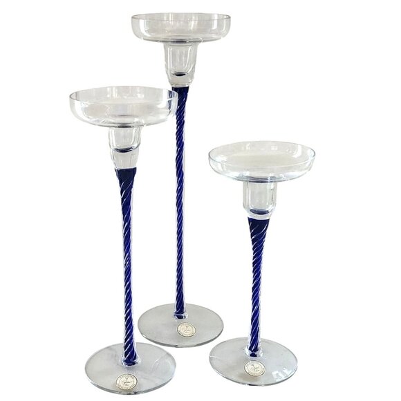 Crystal Candle Holder Set of 3, Blue Stem Candle Holders, Table Centerpiece - Picture 1 of 11